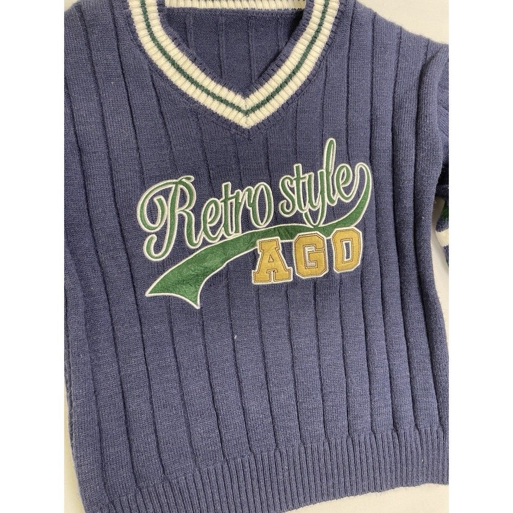 Dazy Y2K Varsity Retro Style Sweater Navy V Neck Ribbed Embroidered Graphic L - Picture 2 of 8